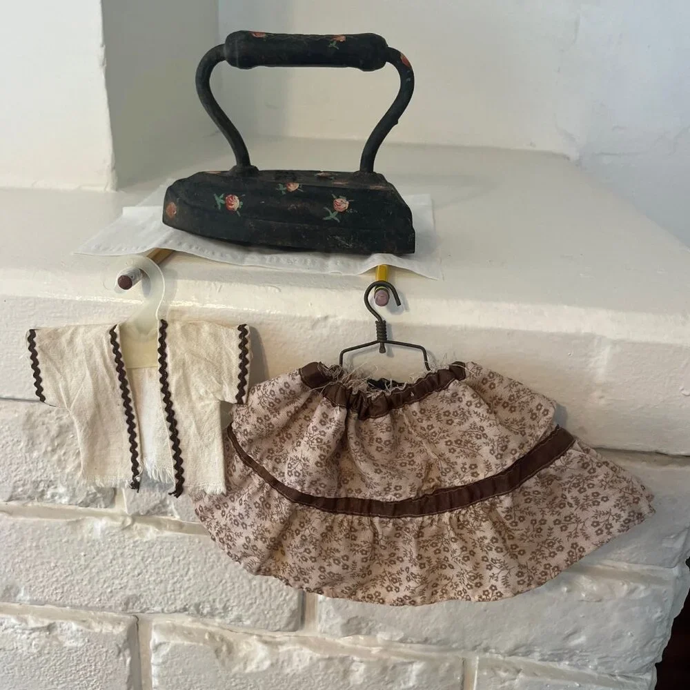 Vintage Doll Outfit Skirt & Jacket Vest & Farmer Hat w/ Flowers Beige & Brown - Picture 11 of 11